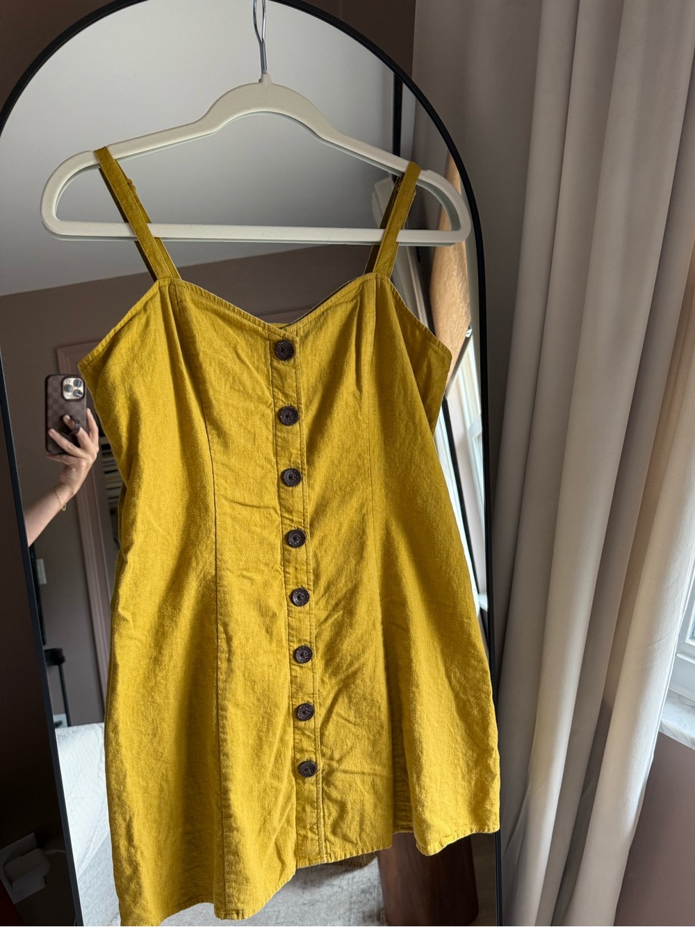Express Mustard Yellow Linen Button Front Mini Dress Size M Spaghetti Strap